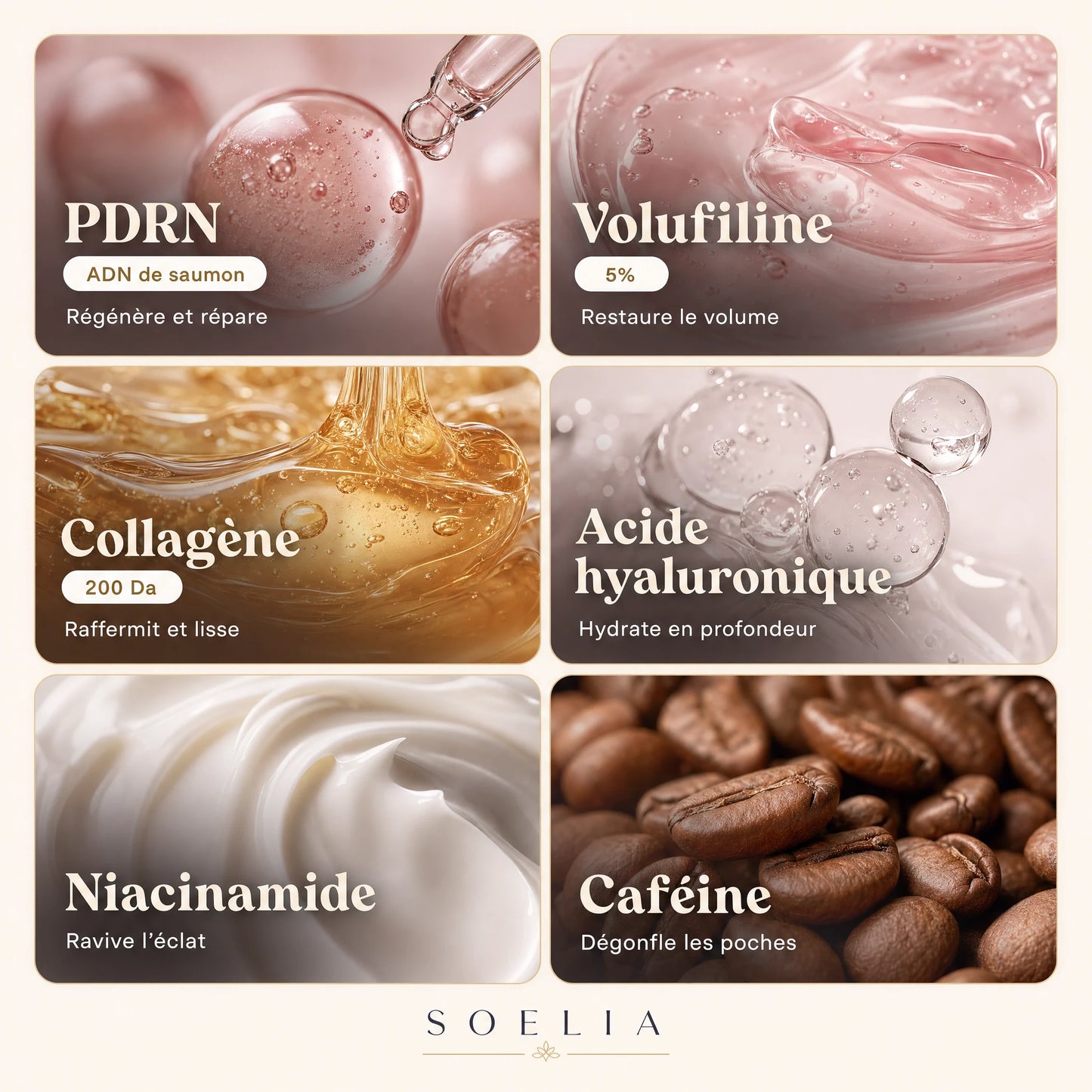 Actifs : PDRN, Volufiline 5%, collagene 200 Da - baume Soelia